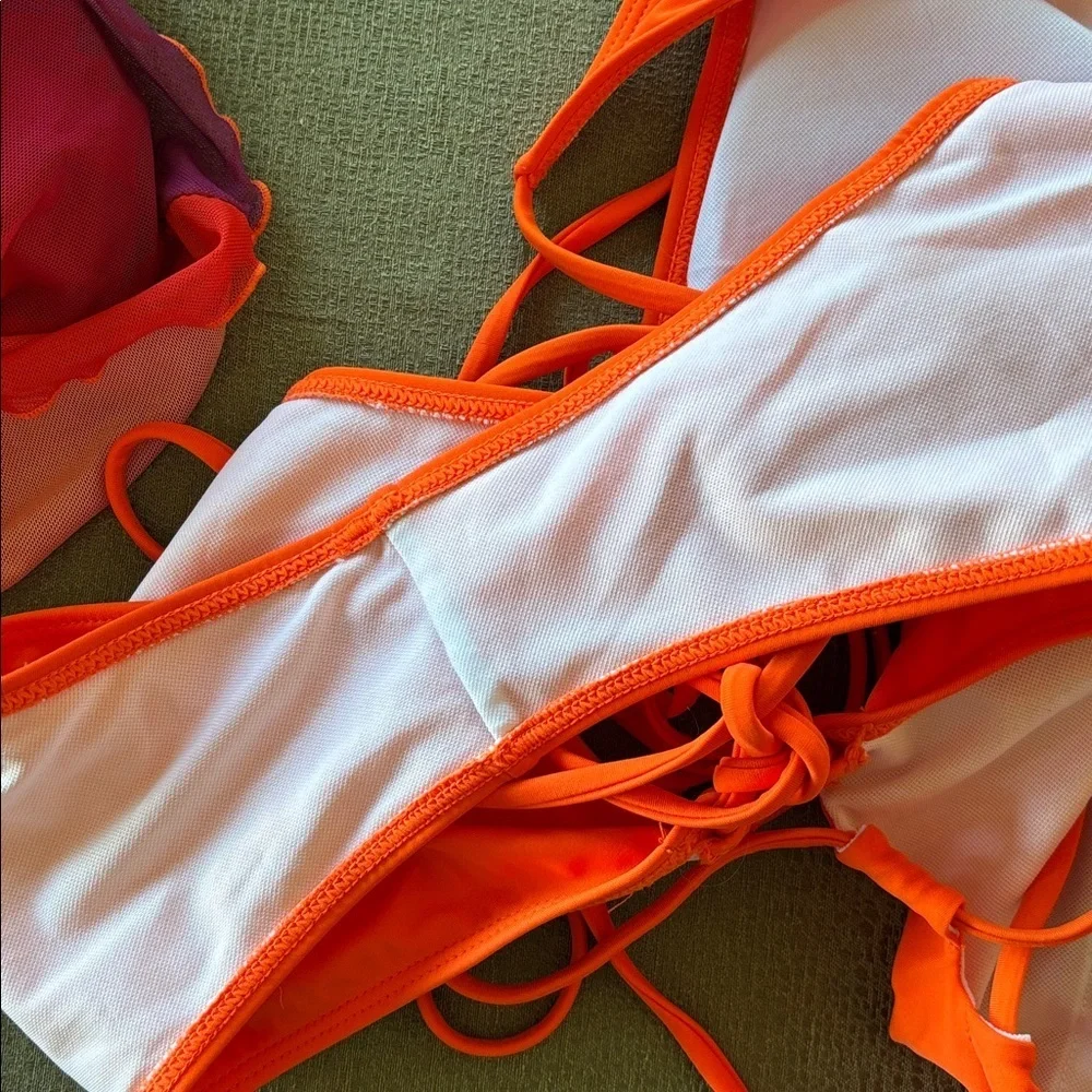 NWOT Orange Plunge One Piece Tie Back Swimsuit w/ Long Sleeve Ombre Mesh CoverUp